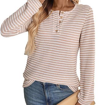 Women's Basic Button Down Pullover, Crewneck Ribbed Stretch Long Sleeve Casual Daily Top