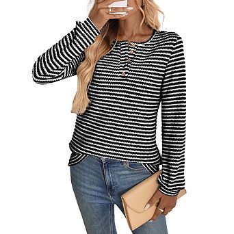 Women's Basic Button Down Pullover, Crewneck Ribbed Stretch Long Sleeve Casual Daily Top
