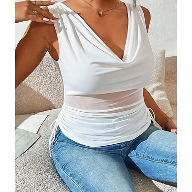 Women’s Deep V Neck Ruched Tank Top, Sleeveless Drawstring Fitted Summer Casual Daily Blouse