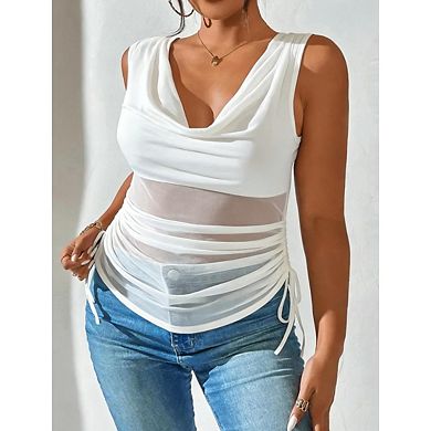 Women’s Deep V Neck Ruched Tank Top, Sleeveless Drawstring Fitted Summer Casual Daily Blouse