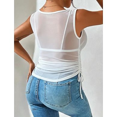 Women’s Deep V Neck Ruched Tank Top, Sleeveless Drawstring Fitted Summer Casual Daily Blouse