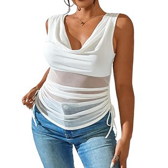 Women’s Deep V Neck Ruched Tank Top, Sleeveless Drawstring Fitted Summer Casual Daily Blouse