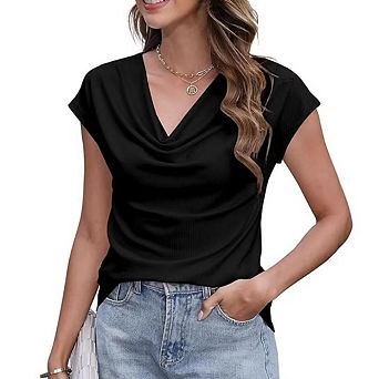 Women’s Cowl Neck Short Sleeve Blouse, Dressy Casual Light Work Summer Daily Fashion Top Shirt