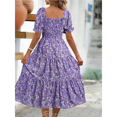 Women's Ditsy Floral Square Neck Tiered Midi Sundress