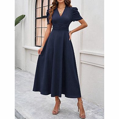 Women's Solid Puff Sleeve Ruched Waist A Line Midi Dress
