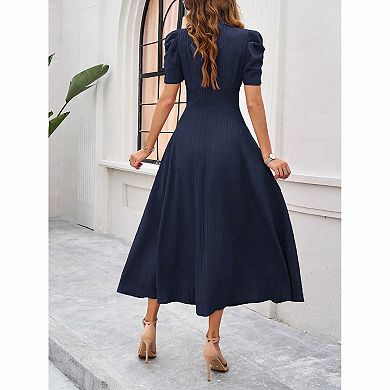 Women's Solid Puff Sleeve Ruched Waist A Line Midi Dress