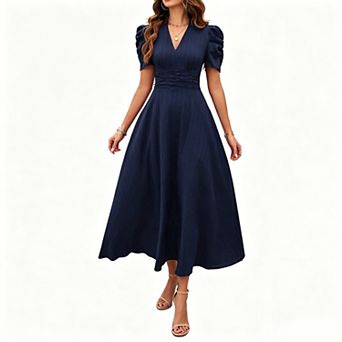 Women's Solid Puff Sleeve Ruched Waist A Line Midi Dress