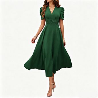 Women's Solid Puff Sleeve Ruched Waist A Line Midi Dress