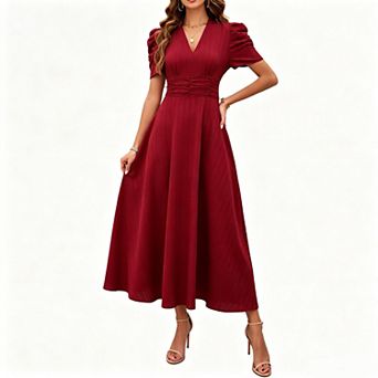 Women's Solid Puff Sleeve Ruched Waist A Line Midi Dress