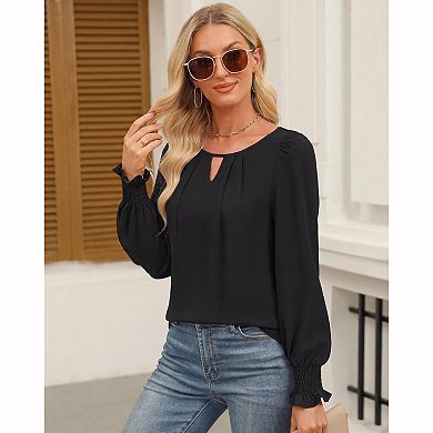Women's Solid Keyhole Neck Lantern Sleeve Casual Blouse