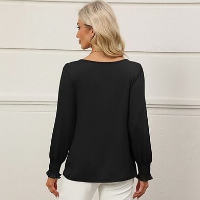 Women's Solid Keyhole Neck Lantern Sleeve Casual Blouse
