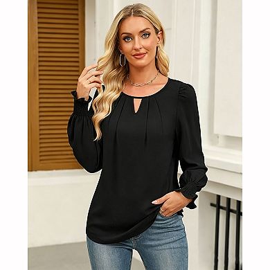 Women's Solid Keyhole Neck Lantern Sleeve Casual Blouse