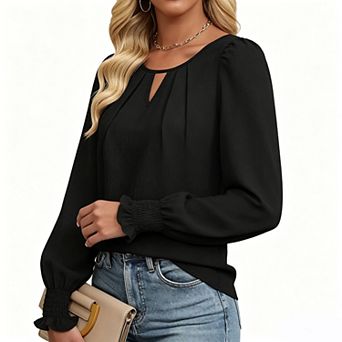 Women's Solid Keyhole Neck Lantern Sleeve Casual Blouse