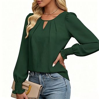 Women's Solid Keyhole Neck Lantern Sleeve Casual Blouse