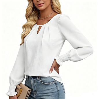 Women's Solid Keyhole Neck Lantern Sleeve Casual Blouse