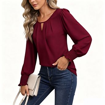 Women's Solid Keyhole Neck Lantern Sleeve Casual Blouse