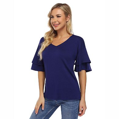 Women's V Neck Double Layer Ruffle Short Sleeve Loose Knit Casual Tee
