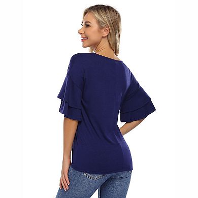 Women's V Neck Double Layer Ruffle Short Sleeve Loose Knit Casual Tee