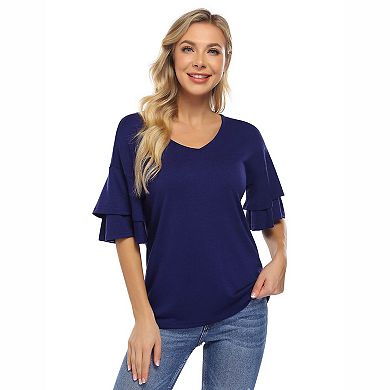 Women's V Neck Double Layer Ruffle Short Sleeve Loose Knit Casual Tee