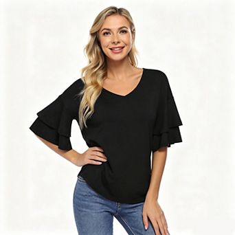 Women's V Neck Double Layer Ruffle Short Sleeve Loose Knit Casual Tee