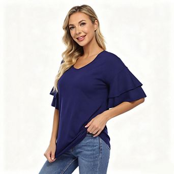 Women's V Neck Double Layer Ruffle Short Sleeve Loose Knit Casual Tee