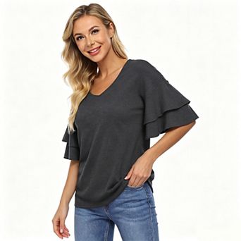Women's V Neck Double Layer Ruffle Short Sleeve Loose Knit Casual Tee