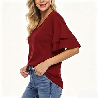 Women's V Neck Double Layer Ruffle Short Sleeve Loose Knit Casual Tee