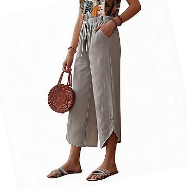 Women's Cotton Linen Drawstring Palazzo Pants, Cropped Wide Leg