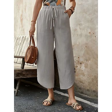 Women's Cotton Linen Drawstring Palazzo Pants, Cropped Wide Leg