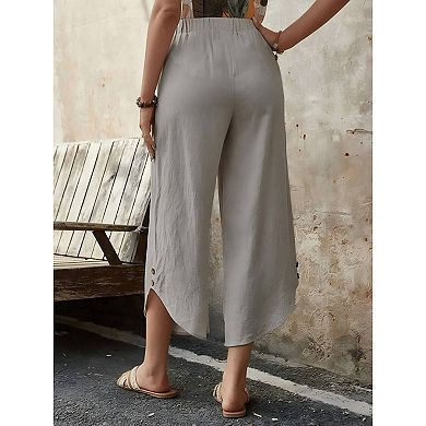 Women's Cotton Linen Drawstring Palazzo Pants, Cropped Wide Leg