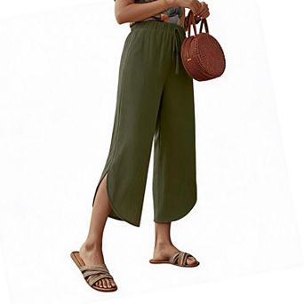 Women's Cotton Linen Drawstring Palazzo Pants, Cropped Wide Leg