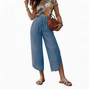 Women's Cotton Linen Drawstring Palazzo Pants, Cropped Wide Leg