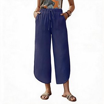 Women's Cotton Linen Drawstring Palazzo Pants, Cropped Wide Leg