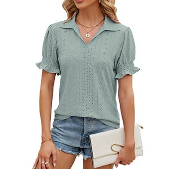 Women Eyelet Embroidery V Neck Puff Short Sleeve Ruffle Cuff Loose Casual Blouse