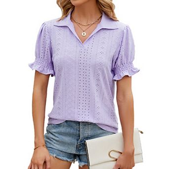 Women Eyelet Embroidery V Neck Puff Short Sleeve Ruffle Cuff Loose Casual Blouse