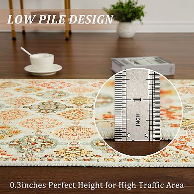 lxt-Boho Floral Checkerboard Area Rug Washable Carpet Accent Living Room Kitchen