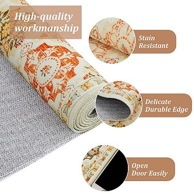 lxt-Boho Floral Checkerboard Area Rug Washable Carpet Accent Living Room Kitchen