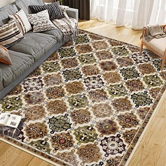 lxt-Boho Floral Checkerboard Area Rug Washable Carpet Accent Living Room Kitchen