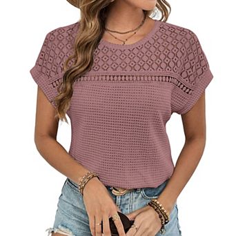 Women's Eyelet Lace Waffle Knit Top Crew Neck Short Sleeve Hollow Out Casual T-Shirt