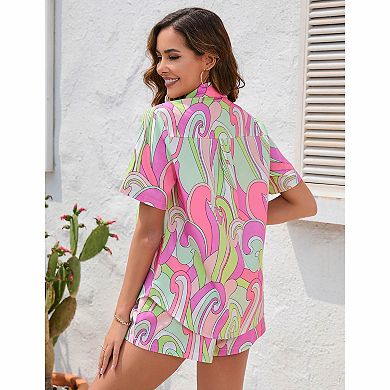 Women's Short Sleeve Shirt and Elastic Waist Shorts Matching Set