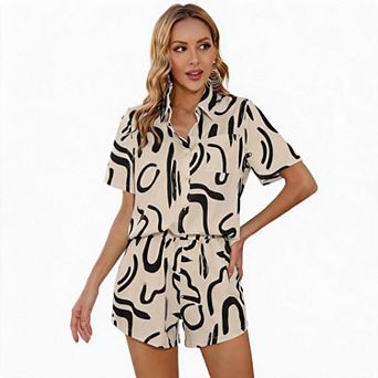 Women's Short Sleeve Shirt and Elastic Waist Shorts Matching Set