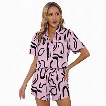 Women's Short Sleeve Shirt and Elastic Waist Shorts Matching Set