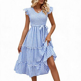 Women's Tiered Ruffle Midi Dress with Tie Waist