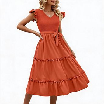 Women's Tiered Ruffle Midi Dress with Tie Waist