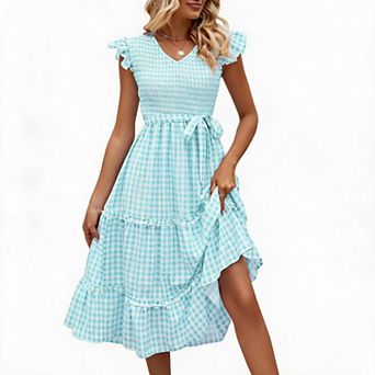 Women's Tiered Ruffle Midi Dress with Tie Waist