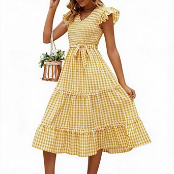 Women's Tiered Ruffle Midi Dress with Tie Waist