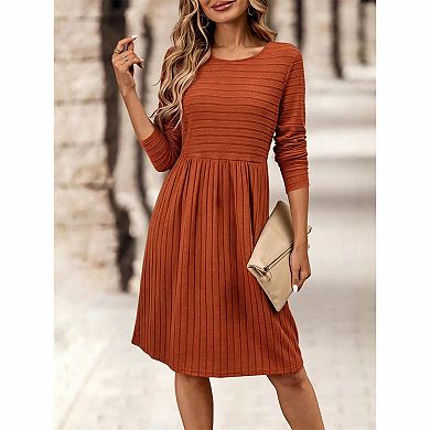 Women's Ribbed Knit Long Sleeve Swing Midi Dress