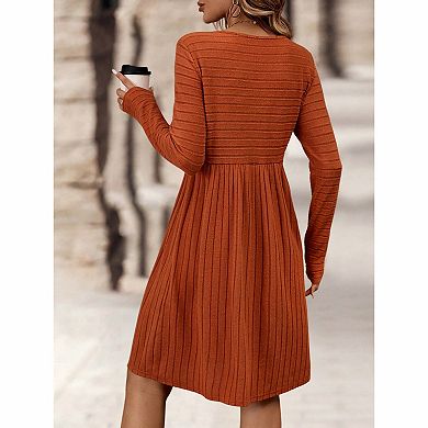 Women's Ribbed Knit Long Sleeve Swing Midi Dress