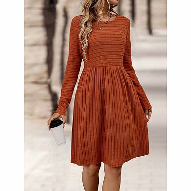 Women's Ribbed Knit Long Sleeve Swing Midi Dress