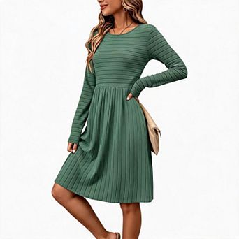 Women's Ribbed Knit Long Sleeve Swing Midi Dress